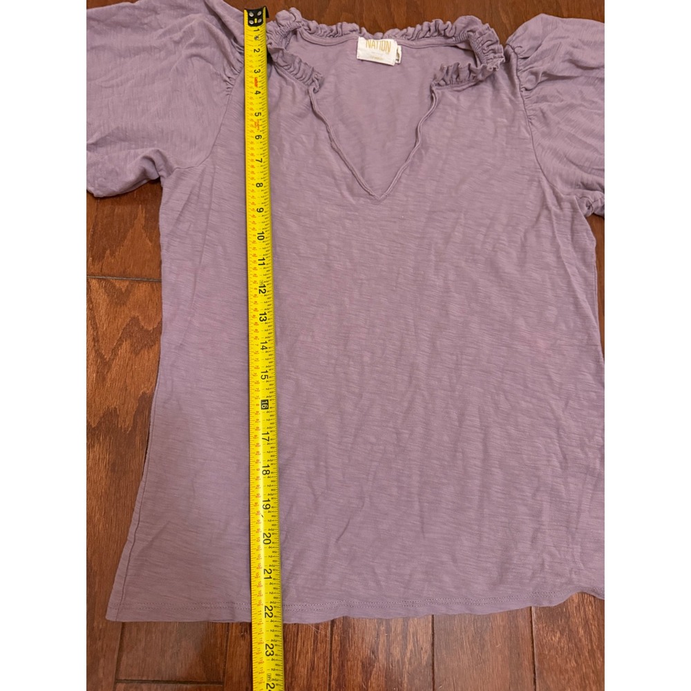Nation Lavender Pima Cotton Ruffle V-Neck Puff Sleeve Top Purple Womens Medium - Picture 2 of 6